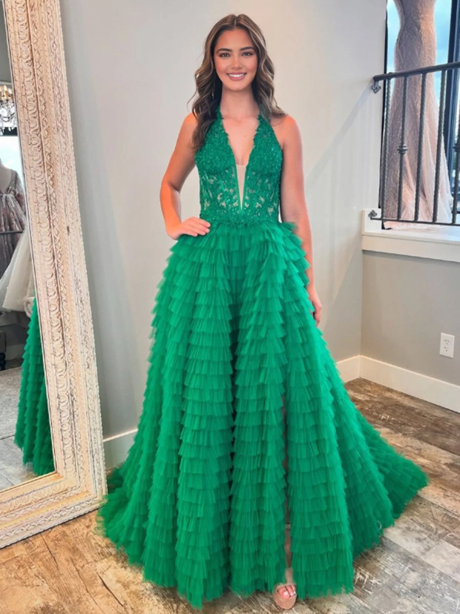 Yellow Plunge V Ruffle Tiered Long Prom Dress with Slit - KissProm