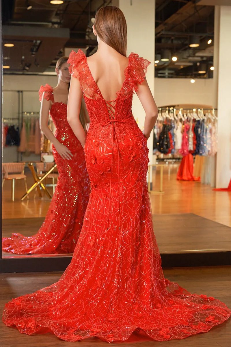 Mckinley | Yellow Ruffle Straps 3D Flower Mermaid Long Prom Dress