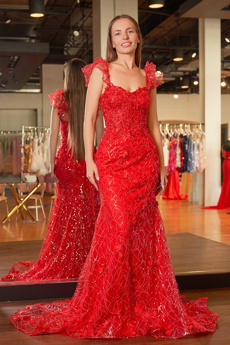 Mckinley | Yellow Ruffle Straps 3D Flower Mermaid Long Prom Dress