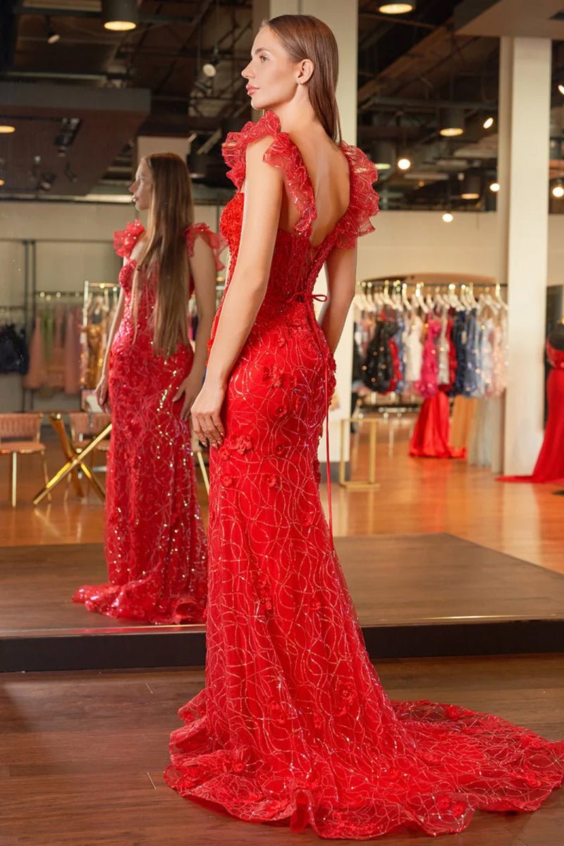 Mckinley | Yellow Ruffle Straps 3D Flower Mermaid Long Prom Dress