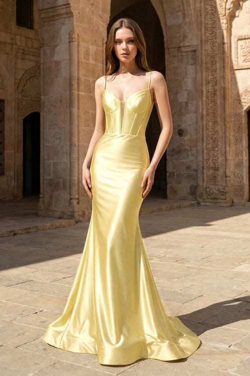 Yellow Satin Mermaid Plunge Neck Long Party Dress (2) | KISSPROM