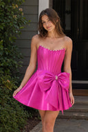 Fuchsia Satin Strapless A-Line Corset Pearl Homecoming Dress With Bowknot | KISSPROM