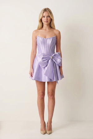 Lavender Satin Strapless A-Line Corset Pearl Homecoming Dress With Bowknot (5) | KISSPROM