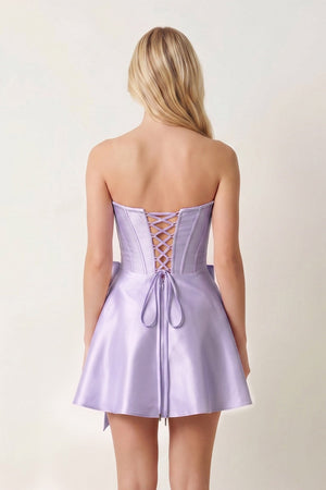 Lavender Satin Strapless A-Line Corset Pearl Homecoming Dress With Bowknot (4) | KISSPROM
