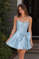 Sky Blue Satin Strapless A-Line Corset Pearl Homecoming Dress With Bowknot - KISSPROM