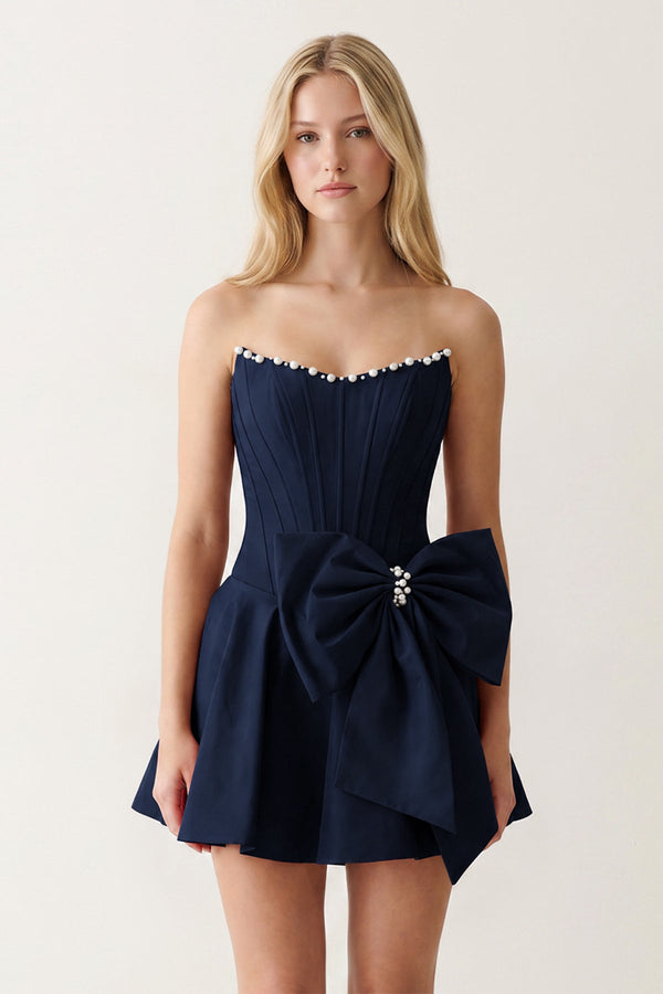 Navy Blue Satin Strapless A-Line Corset Pearl Homecoming Dress With Bowknot - KISSPROM