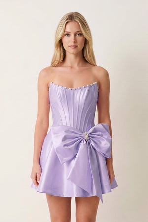 Lavender Satin Strapless A-Line Corset Pearl Homecoming Dress With Bowknot (3) | KISSPROM