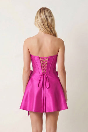 Fuchsia Satin Strapless A-Line Corset Pearl Homecoming Dress With Bowknot (4) | KISSPROM