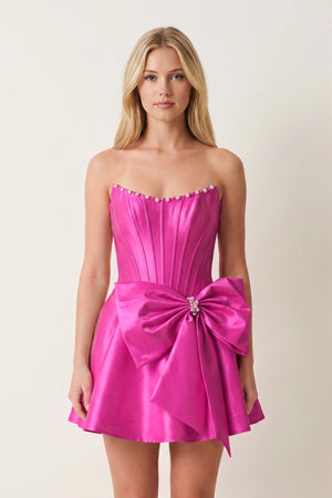 Fuchsia Satin Strapless A-Line Corset Pearl Homecoming Dress With Bowknot (3) | KISSPROM