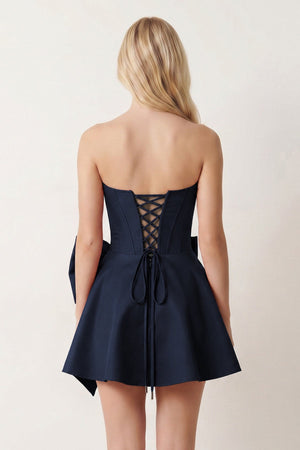 Navy Blue Satin Strapless A-Line Corset Pearl Homecoming Dress With Bowknot - KISSPROM