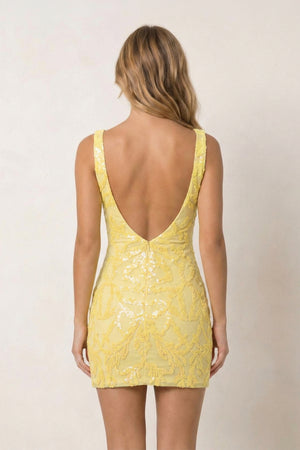Yellow Sequin Lace Plunge V Neck Bodycon Homecoming Dresses (2) | KISSPROM
