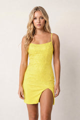 Yellow Sheath Beaded Satin Mini Party Dress with Slit | KISSPROM