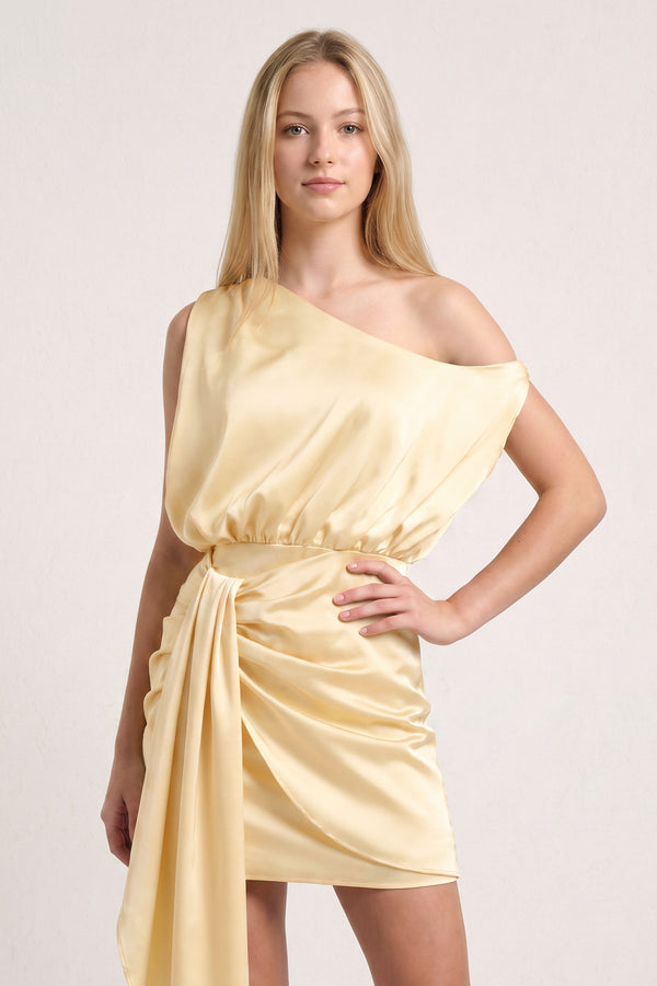 Yellow Sheath One Shoulder Satin Homecoming Dresses with Drape | KISSPROM
