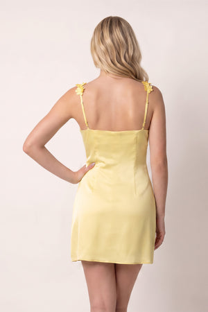 Yellow Sheath Satin V Neck Short Homecoming Dresses with Flower Straps (2) | KISSPROM