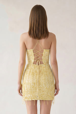 Yellow Sheath Spaghetti Straps Mini Homecoming Dresses with Tassel | KISSPROM