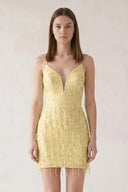 Yellow Sheath Spaghetti Straps Mini Homecoming Dresses with Tassel | KISSPROM
