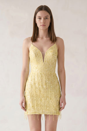 Yellow Sheath Spaghetti Straps Mini Homecoming Dresses with Tassel | KISSPROM