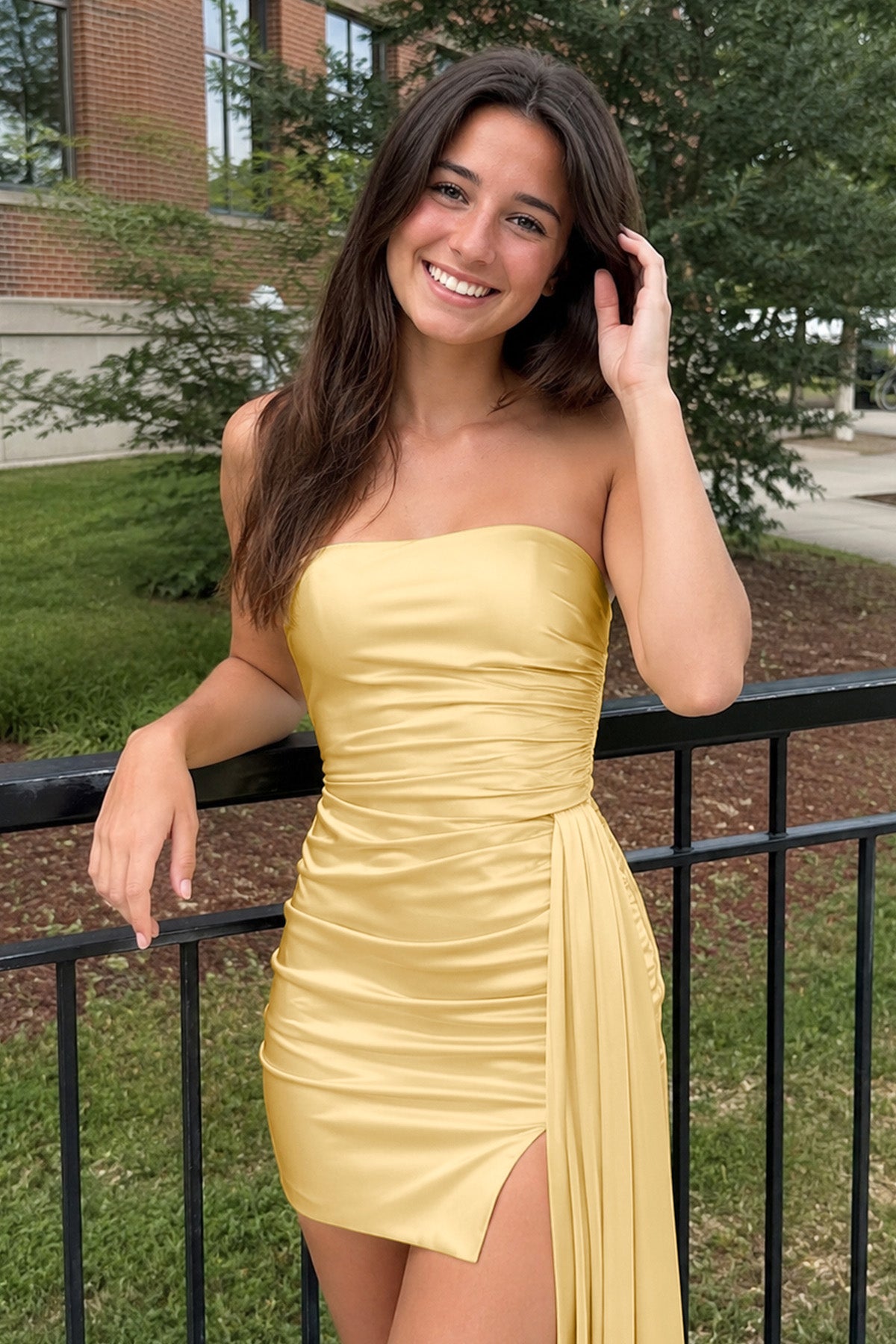 KissProm Yellow Sheath Strapless Satin Short Homecoming Dress with Train, Yellow / 00