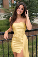 Yellow Sheath Strapless Satin Short Homecoming Dress with Train - KISSPROM