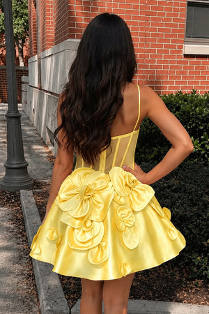 Yellow Spaghetti Straps A-Line Corset Short Homecoming Dress With 3D Flowers (2) | KISSPROM