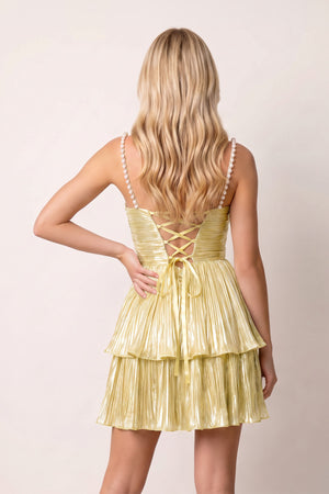 Yellow Spaghetti Straps A Line Metallic Pleated Short Homecoming Dresses With Beading (2) | KISSPROM