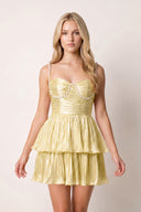 Yellow Spaghetti Straps A Line Metallic Pleated Short Homecoming Dresses With Beading | KISSPROM