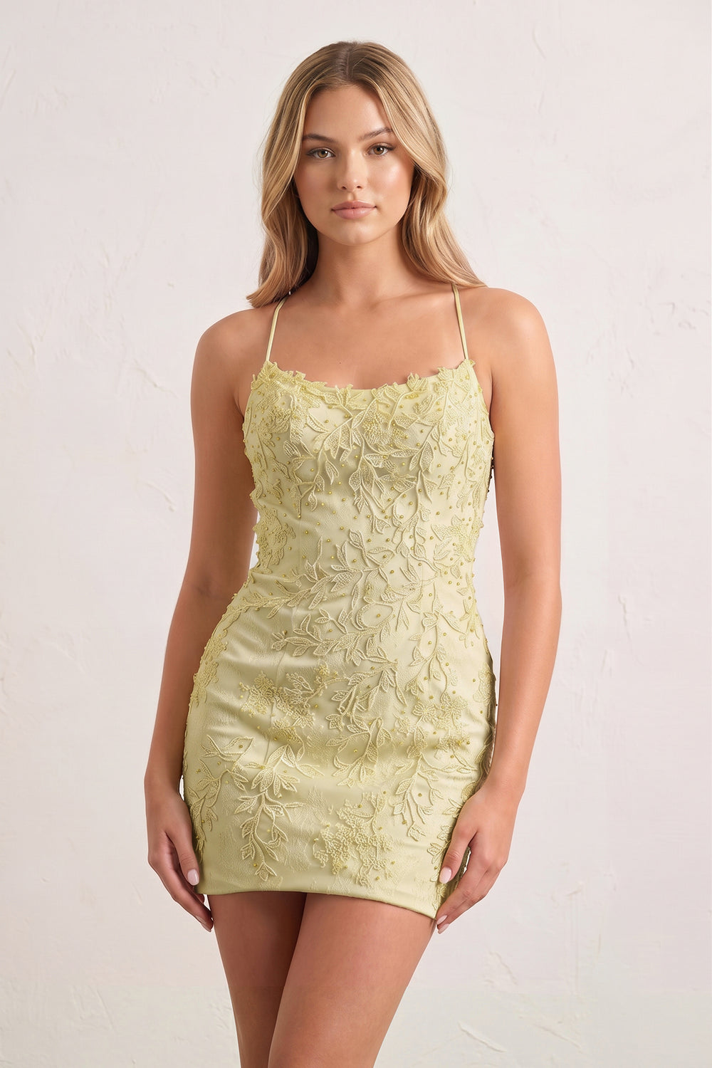 Yellow Sheath Spaghetti Straps Lace Short Homecoming Dresses-KISSPROM