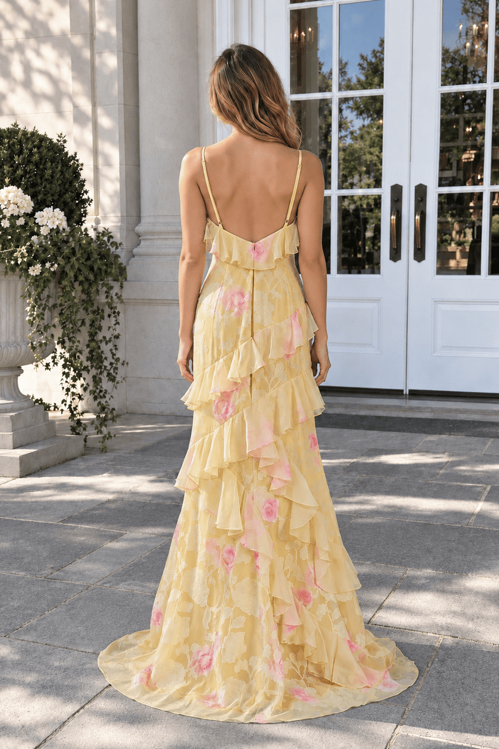 Yellow Spaghetti Straps Mermaid Long Prom Dress with Ruffles | KISSPROM