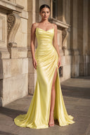 Yellow Spaghetti Straps Mermaid Satin Slit Prom Dresses | KISSPROM
