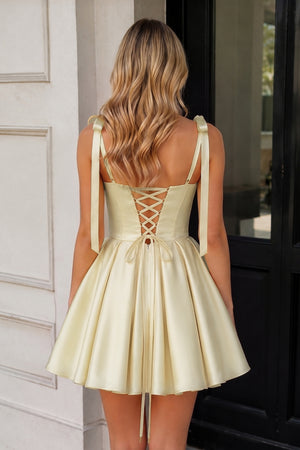 Yellow Spaghetti Straps Satin Pleated A-Line Homecoming Dress with Bow (2) | KISSPROM
