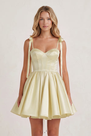 Yellow Spaghetti Straps Satin Pleated A-Line Homecoming Dress with Bow (3) | KISSPROM