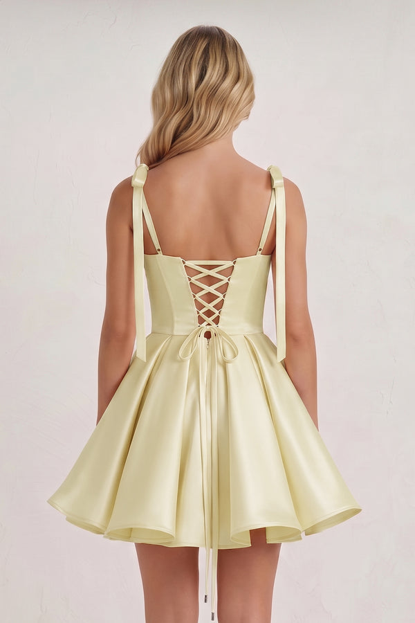 Yellow Spaghetti Straps Satin Pleated A-Line Homecoming Dress with Bow (4) | KISSPROM