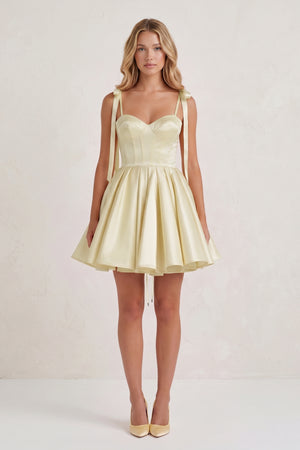 Yellow Spaghetti Straps Satin Pleated A-Line Homecoming Dress with Bow (5) | KISSPROM