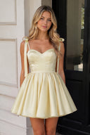 Yellow Spaghetti Straps Satin Pleated A-Line Homecoming Dress with Bow | KISSPROM