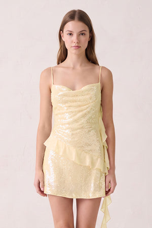 Yellow Spaghetti Straps Sequin Ruched Ruffled Sheath Homecoming Dress | KISSPROM