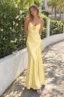 Yellow Spaghetti Straps Sheath Satin Backless Long Formal Prom Dresses With Flower | KISSPROM