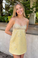 Yellow Spaghetti Straps Sheath Satin Homecoming Dress With Beading | KISSPROM