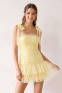 Yellow Square Neck A-Line Ruffled Tulle Homecoming Dress with Pearl | KISSPROM