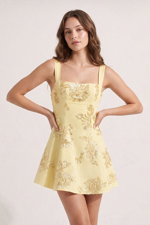Yellow Square Neck Embroidered Flower Tulle A-Line Homecoming Dress | KISSPROM