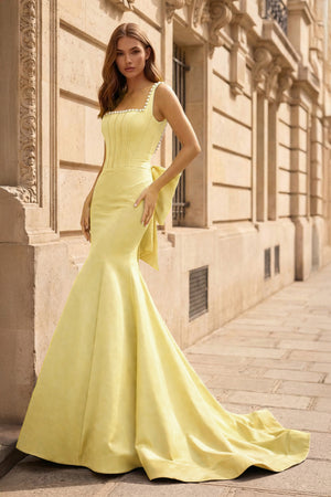 KissProm-Yellow Square Neck Mermaid Satin Long Prom Dresses With Pearls