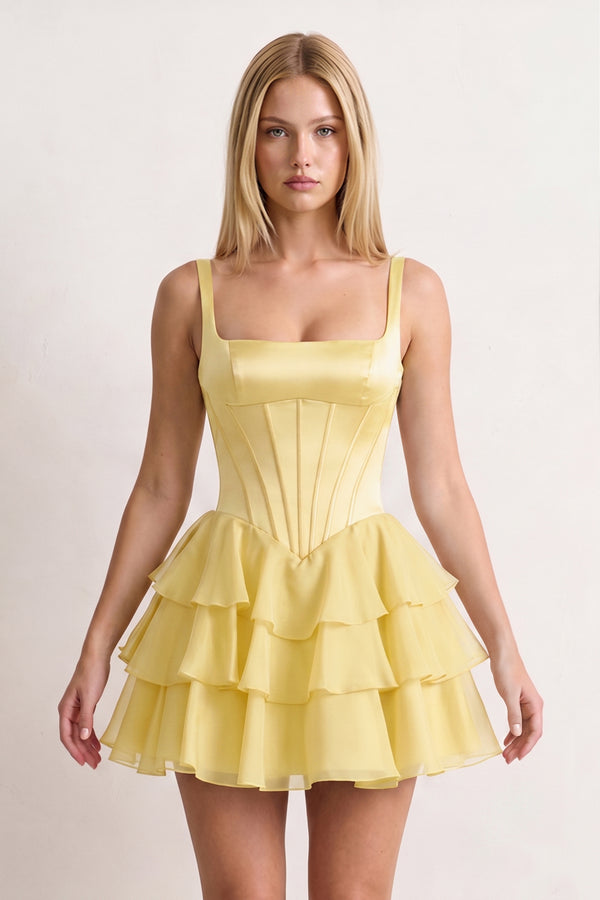 Yellow Square Neck Satin Corset Ruffled A-Line Homecoming Dress | KISSPROM