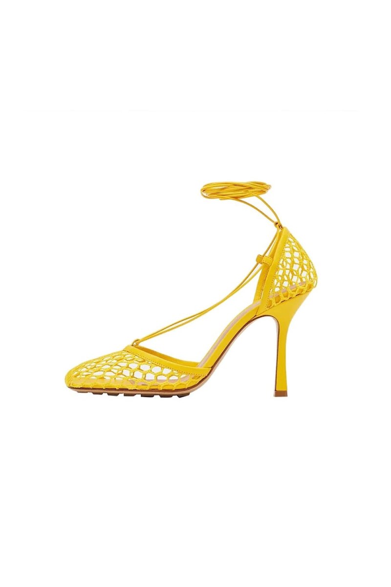 Yellow Stiletto Heel Lace Up Fishnet High Heel Sandals - KissProm