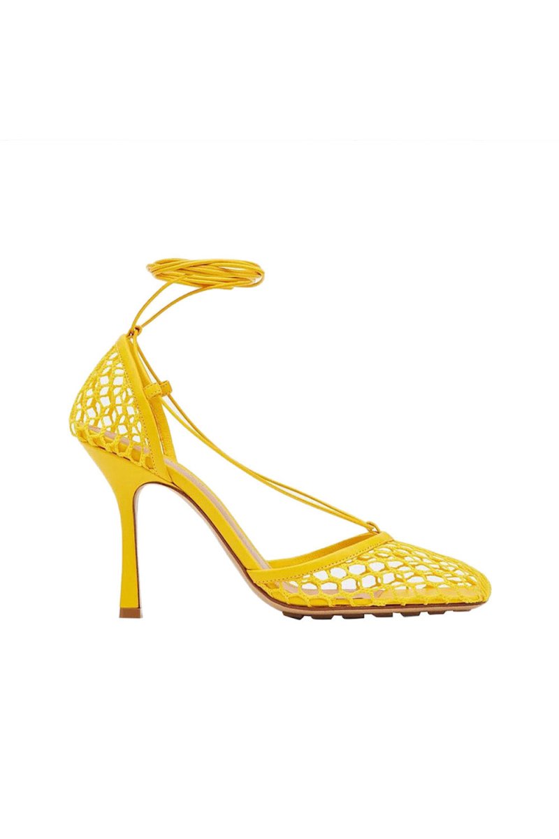 Yellow Stiletto Heel Lace Up Fishnet High Heel Sandals - KissProm