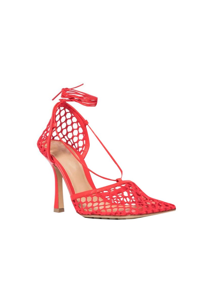 Yellow Stiletto Heel Lace Up Fishnet High Heel Sandals - KissProm