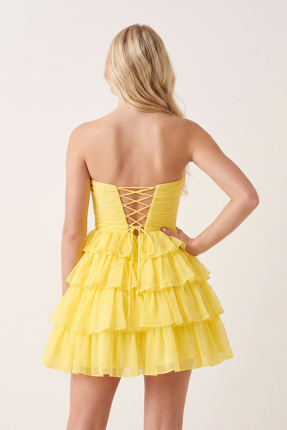 Yellow Strapless A Line Chiffon Ruffled Cocktail Dresses With Bow | KISSPROM