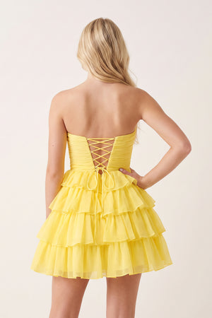 Yellow Strapless A Line Chiffon Ruffled Cocktail Dresses With Bow (2) | KISSPROM