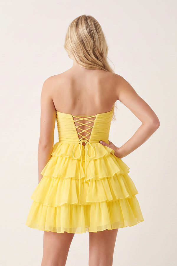 Yellow Strapless A Line Chiffon Ruffled Cocktail Dresses With Bow (2) | KISSPROM