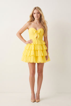 Yellow Strapless A Line Chiffon Ruffled Cocktail Dresses With Bow (3) | KISSPROM