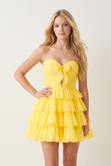 Yellow Strapless A Line Chiffon Ruffled Cocktail Dresses With Bow | KISSPROM