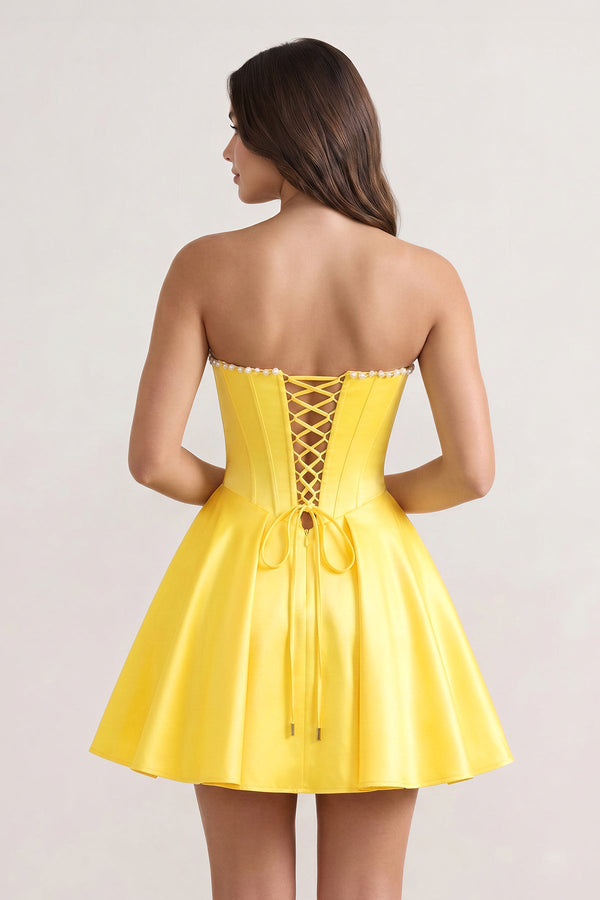 Yellow Strapless A-Line Satin Corset Homecoming Dress With Pearl– Homecoming Dress by KissProm | Available at KissProm